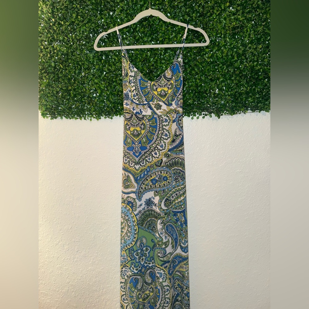 Loft Ann Taylor Blue Green Paisley Maxi Dress Spaghetti Strap Size 6 Women